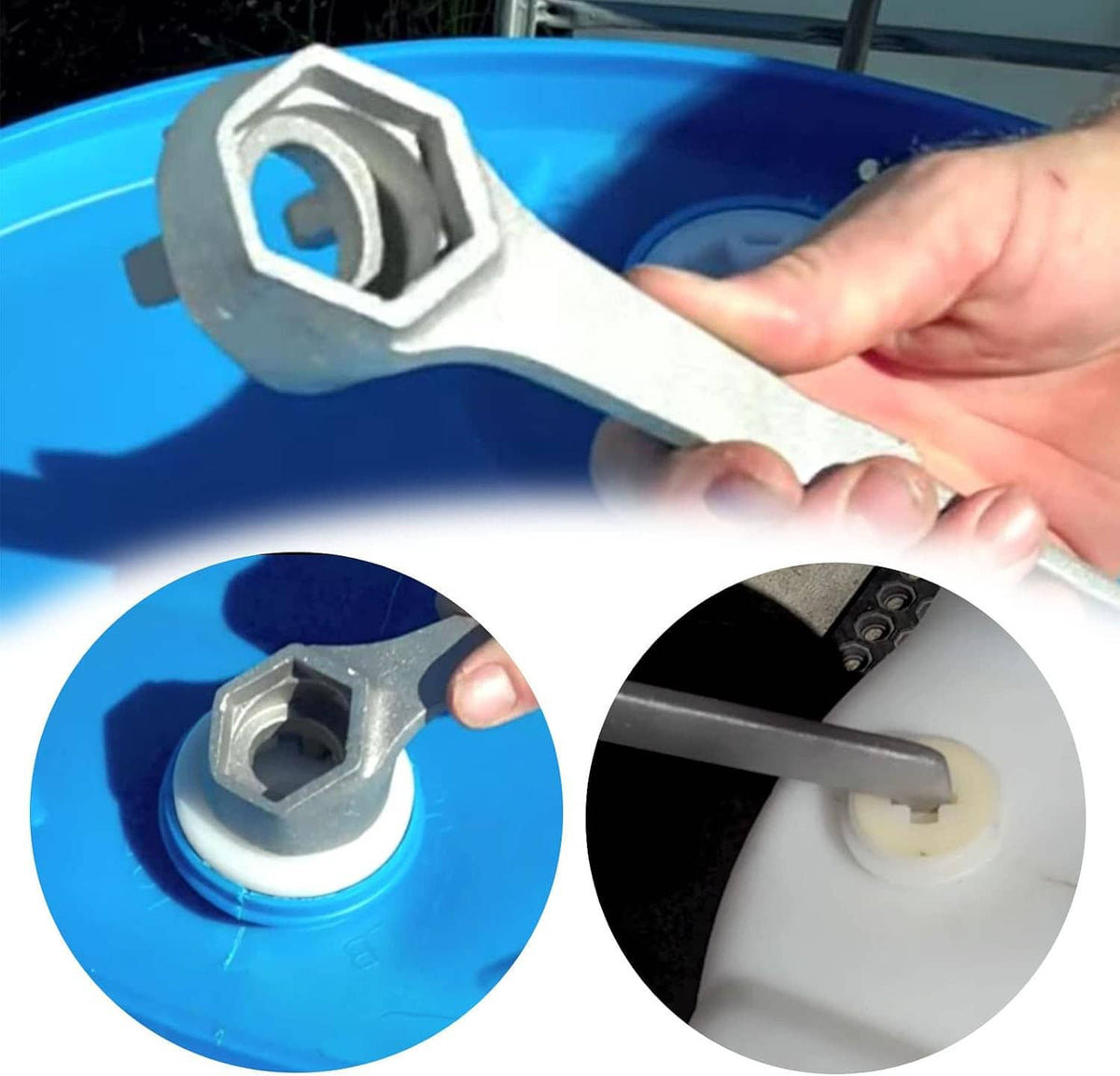 Aluminum drum bung wrench shown in use on drum bung, with round socket head