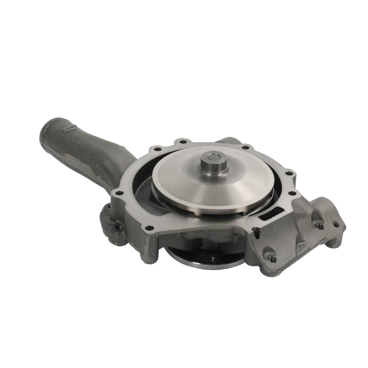 Water pump with exposed impeller and circular housing, gray cast metal body