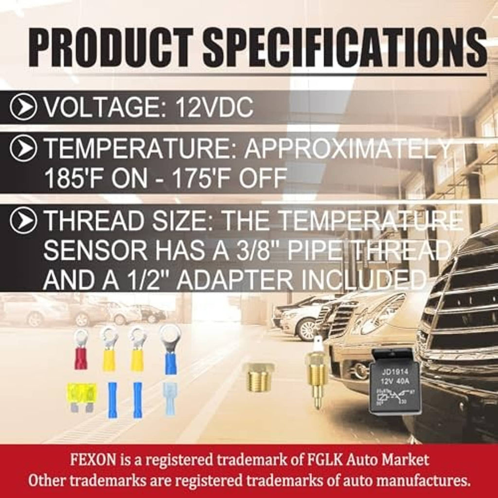 Dual electric fan relay kit with relays, brass temperature sensor probes, and color terminals