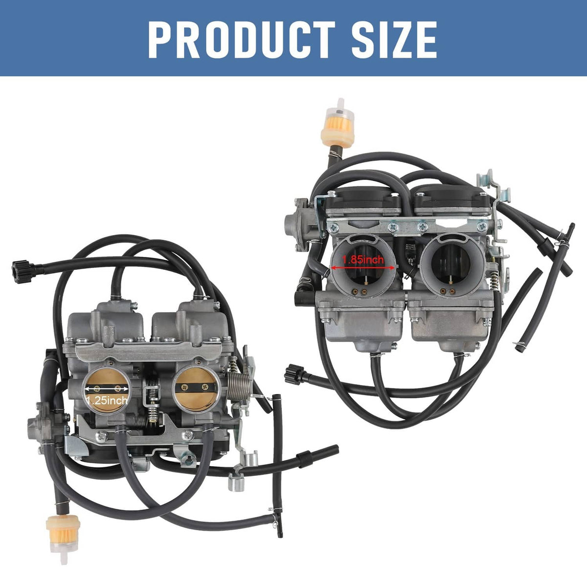 Carburetor product size view: dual carburetor set with hoses and orange fuel filter