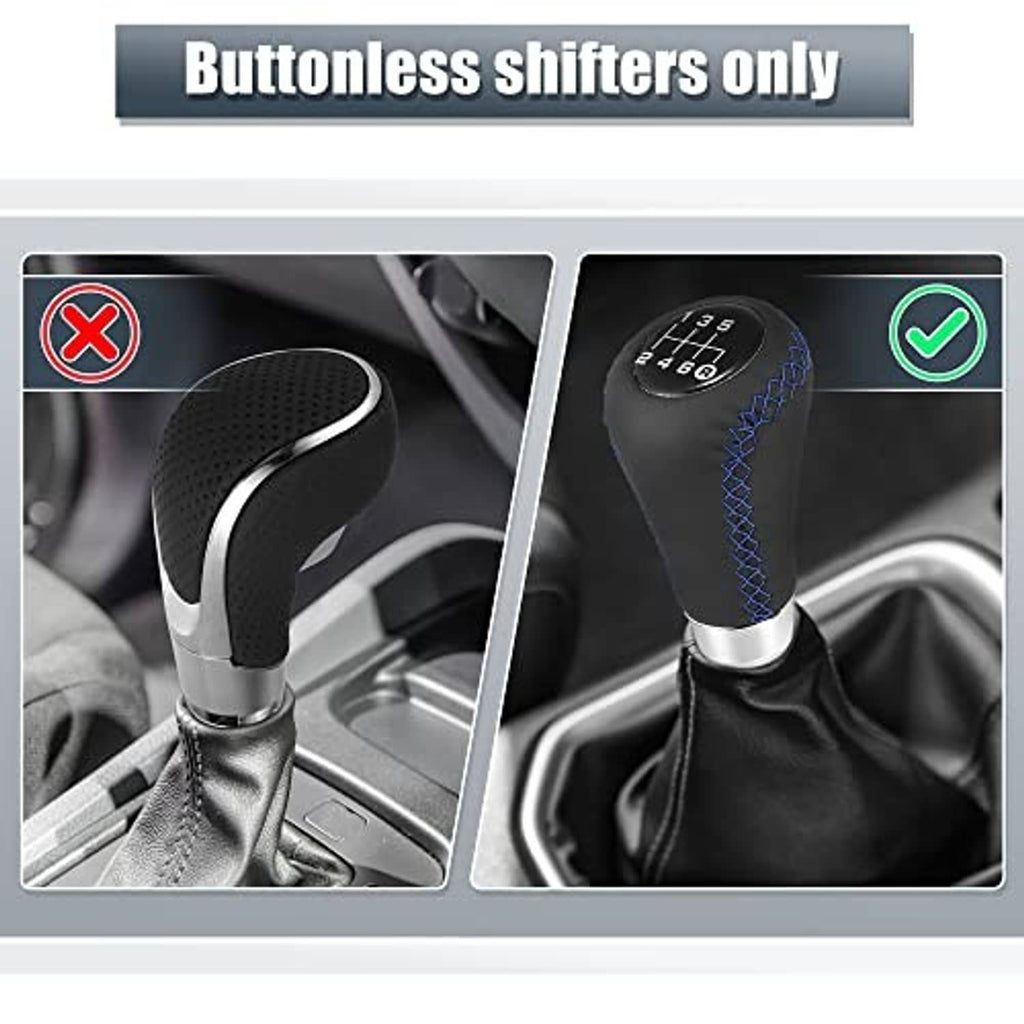 Black gear shift knob with blue stitching and silver base, shown for buttonless shifters