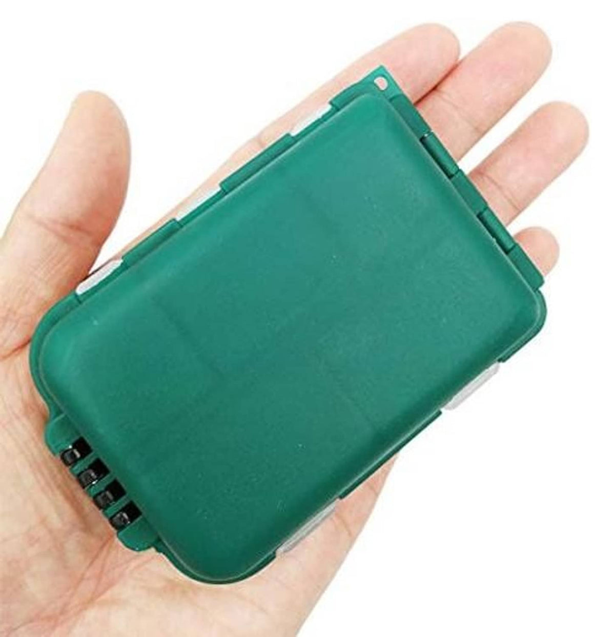 Green hard tackle box in hand, hinged lid and snap closure for compact storage