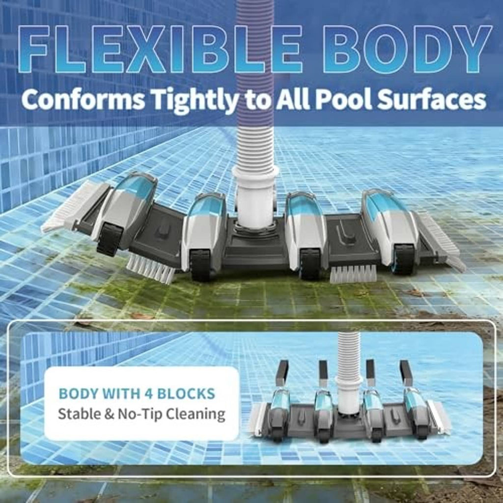Blue pool vacuum head with flexible bristle body and four stabilizing blocks
