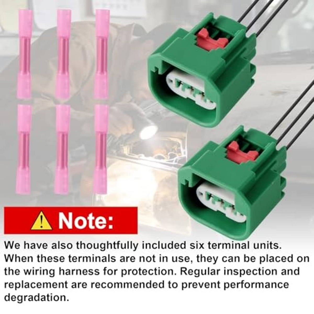 Headlight wiring harness connectors with two green housings, 3-pin sockets and pink terminals
