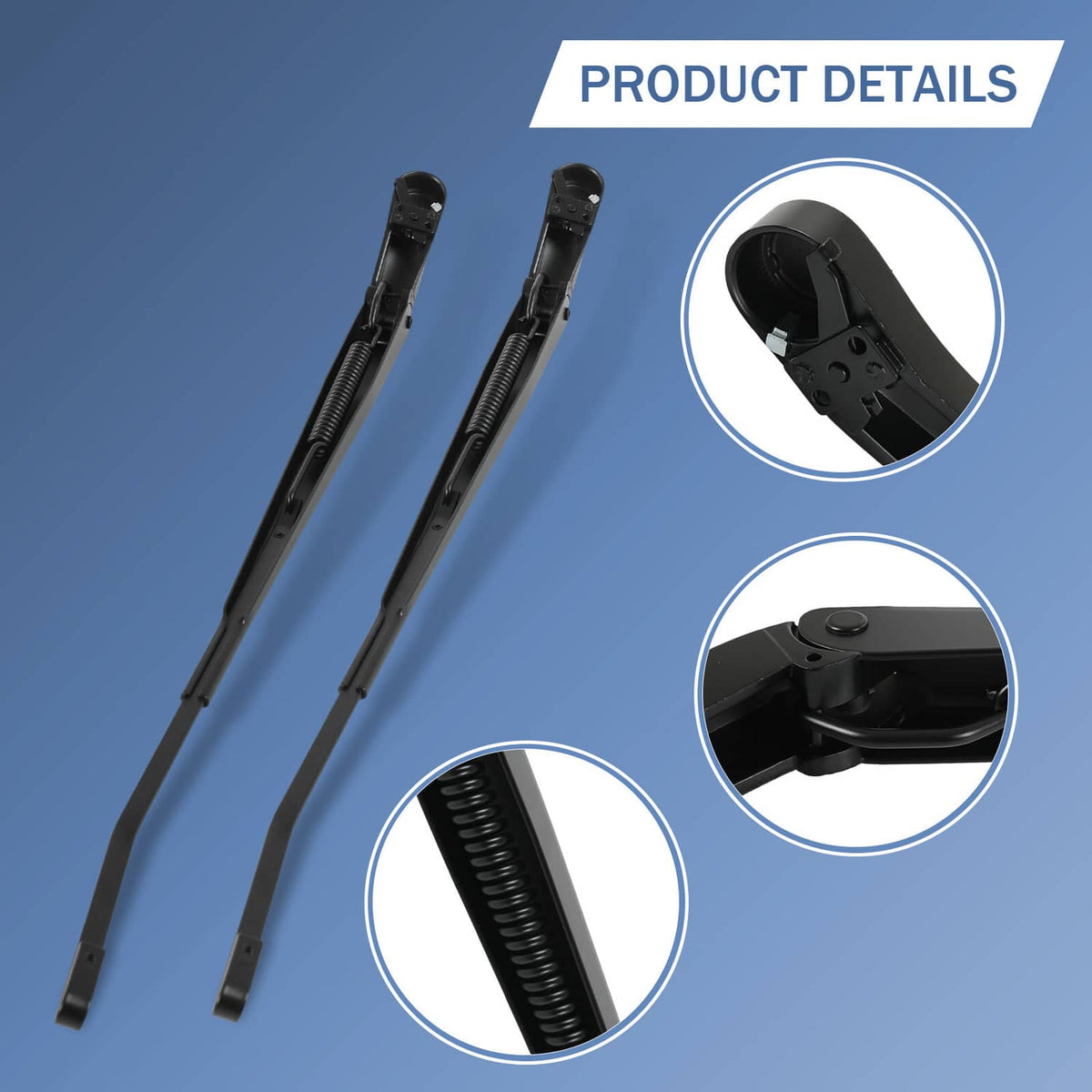 Black wiper arm pair with detailed spring-like segments and mounting brackets