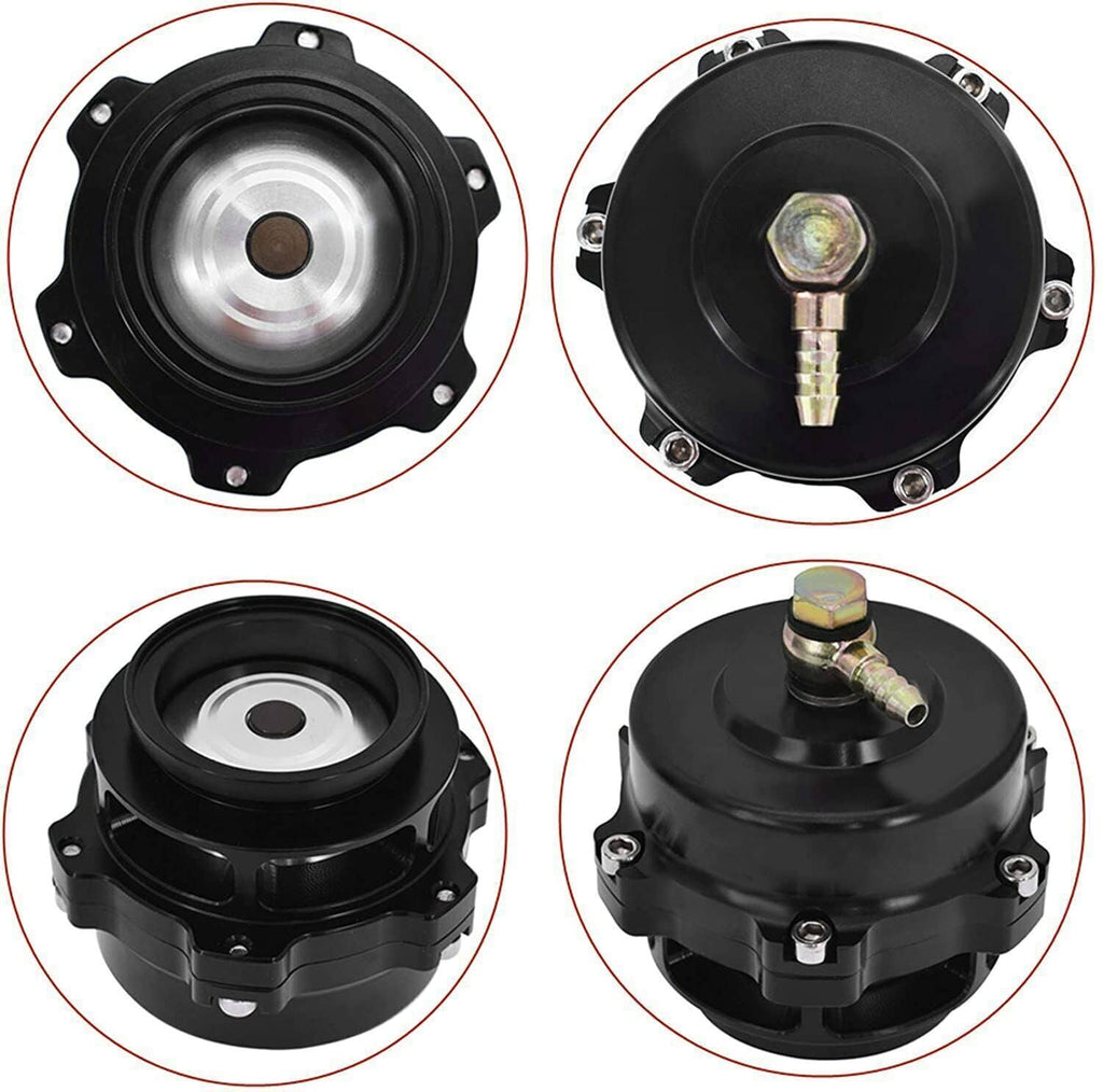 Black blow-off valve housing with diaphragm and threaded inlet fitting, multi-angle view