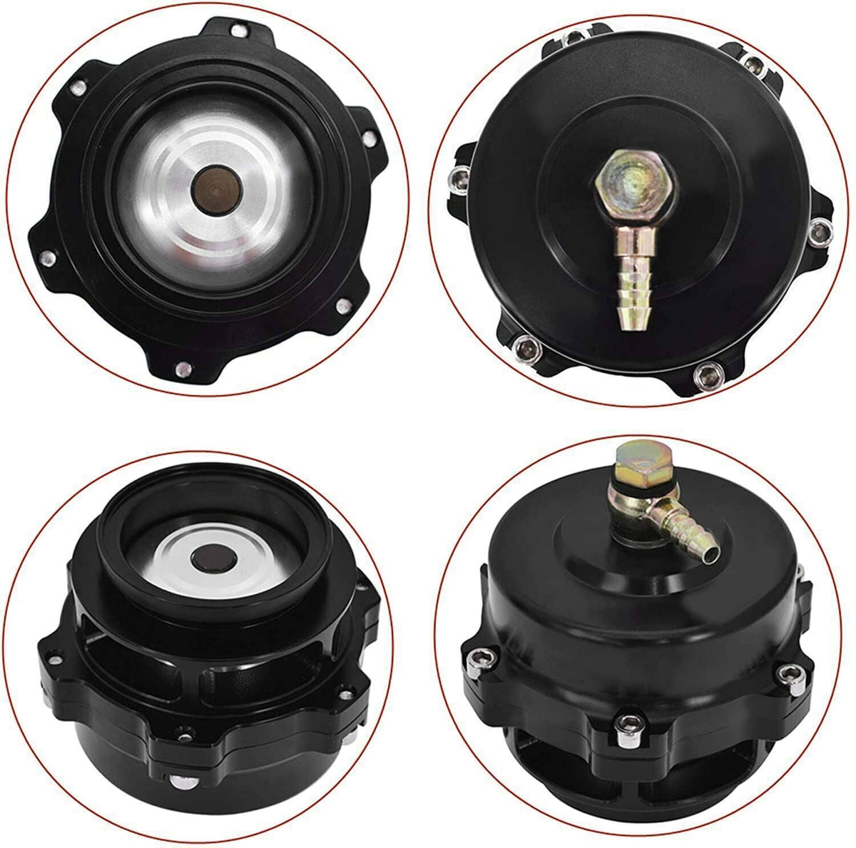 Black blow-off valve housing with diaphragm and threaded inlet fitting, multi-angle view