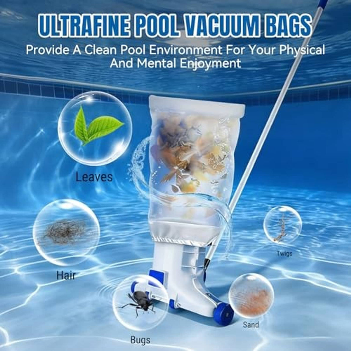 Ultra-fine pool vacuum filter bag, white 100-micron bag holding leaves and debris