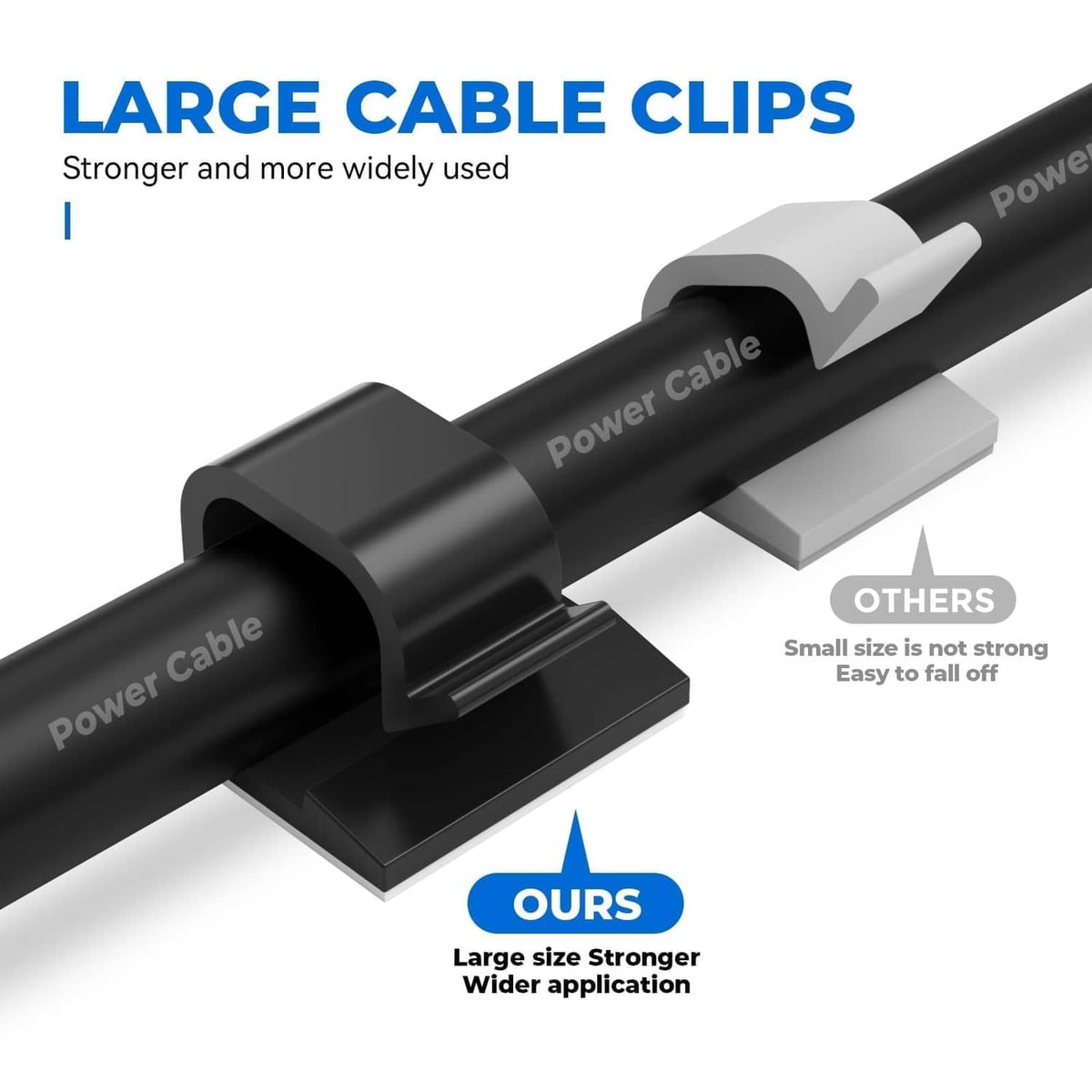 Black wide cable clip featuring a low profile base for mounting on a surface