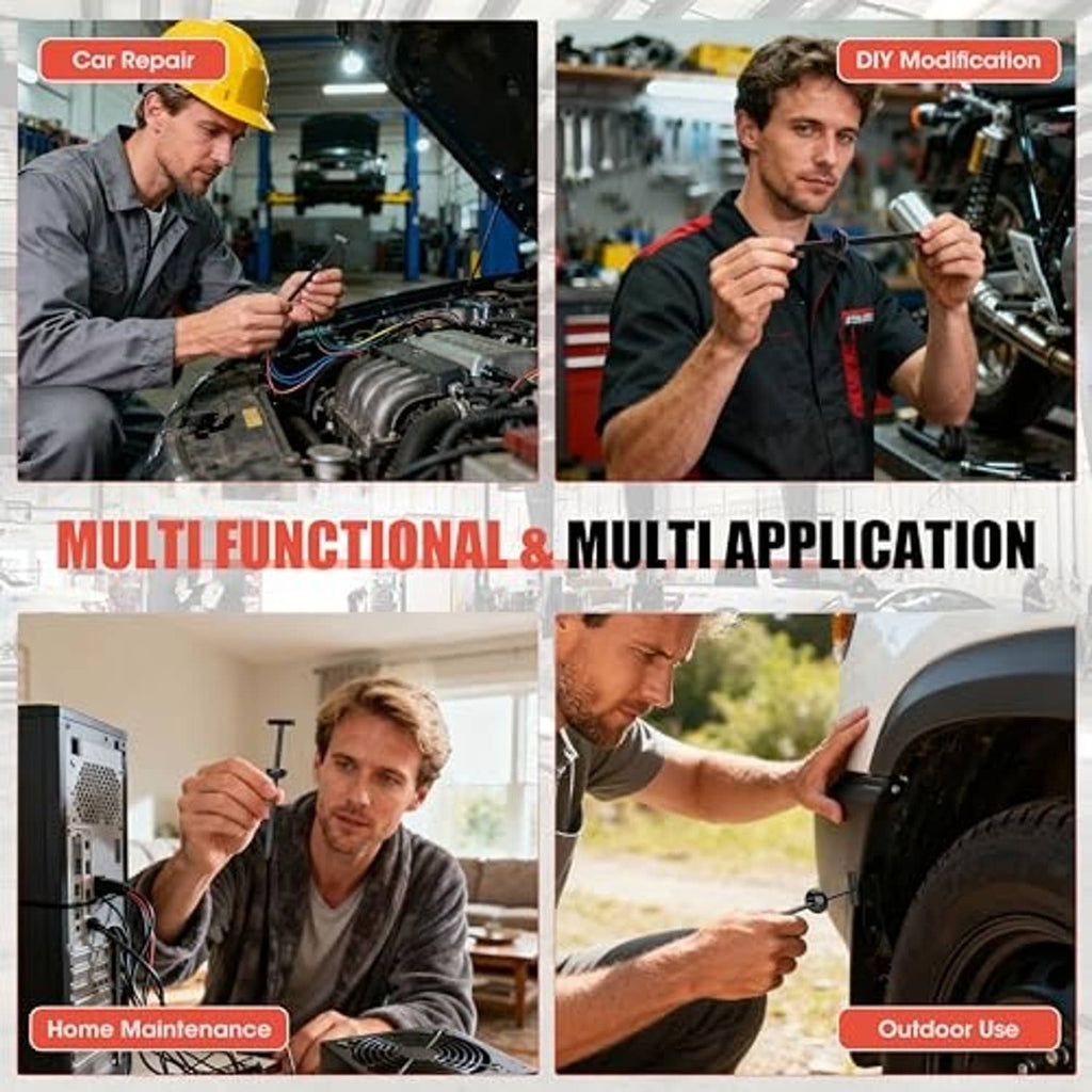Black nylon cable ties in use for car repair and outdoor fastening