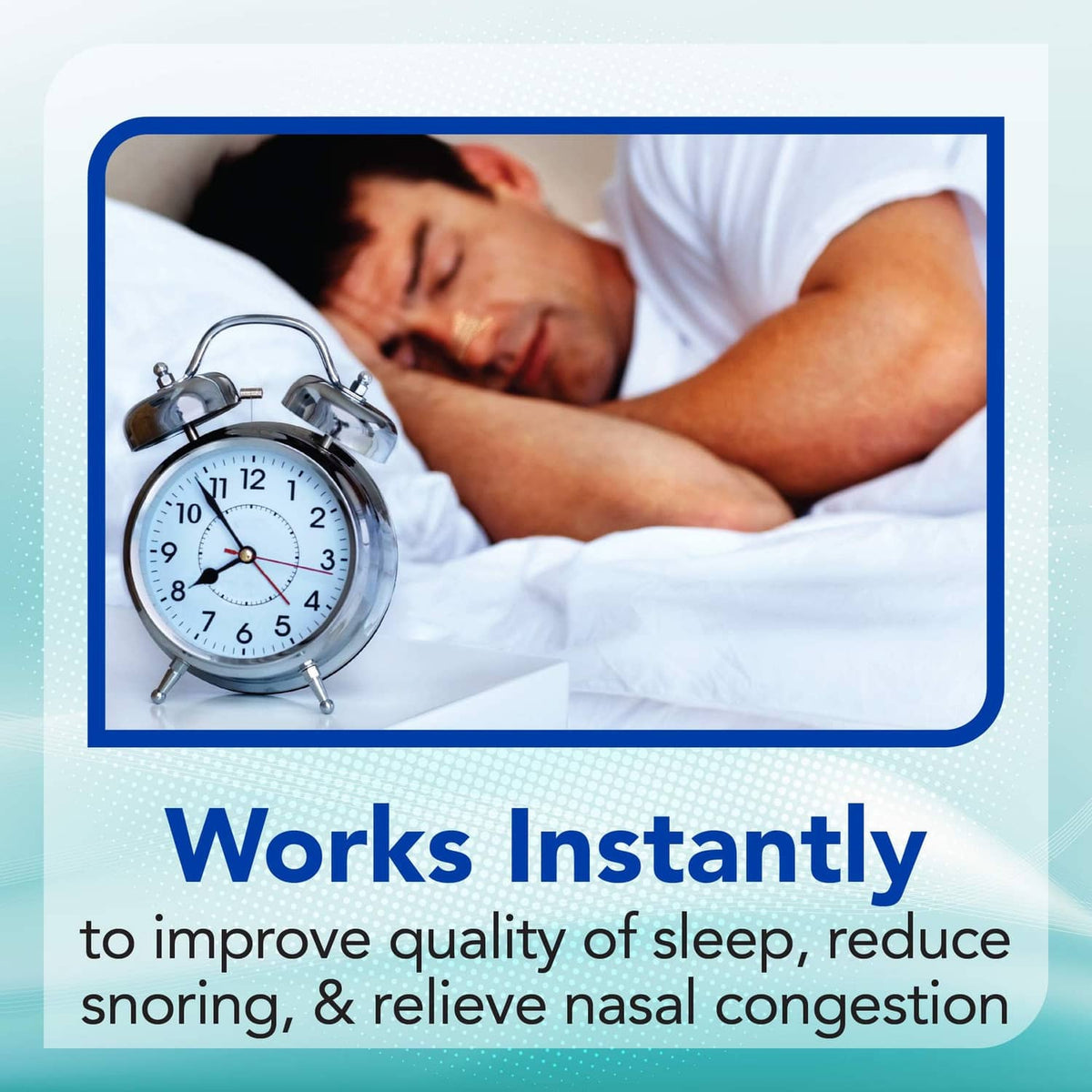 Instaclear nasal strips sleep improvement graphic with clock illustration.