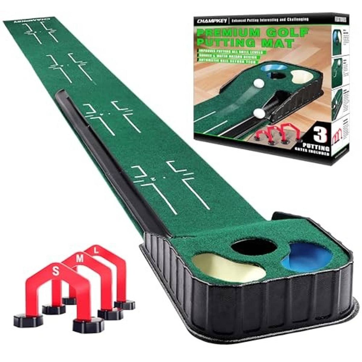 Indoor golf putting mat with green turf, white guide lines, and three target slots