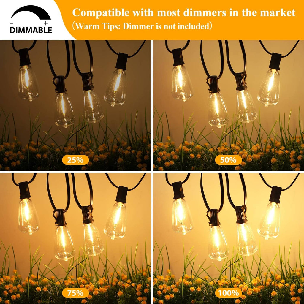 Dimmable outdoor string lights with black wire and warm white bulbs
