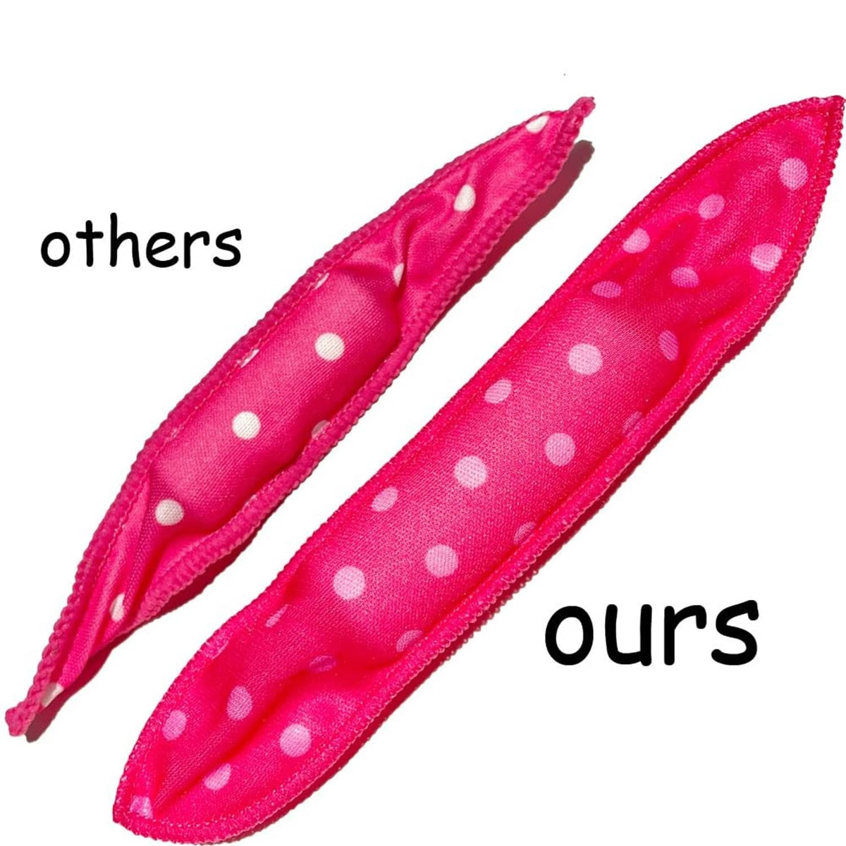Pink polka-dot soft curlers with tapered ends for secure heatless styling