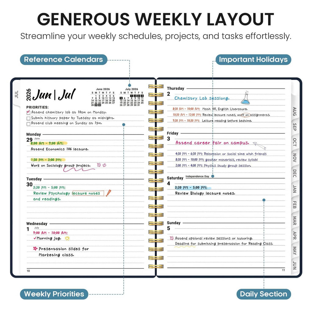 Open weekly layout pages with priorities and daily sections in a spiral planner