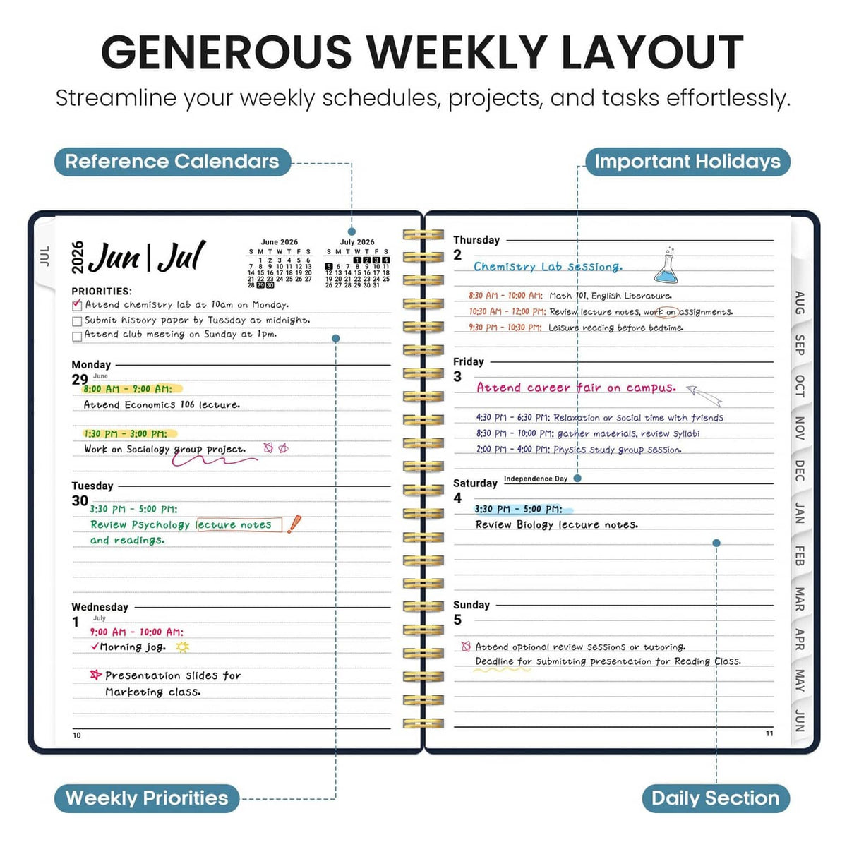 Open weekly layout pages with priorities and daily sections in a spiral planner