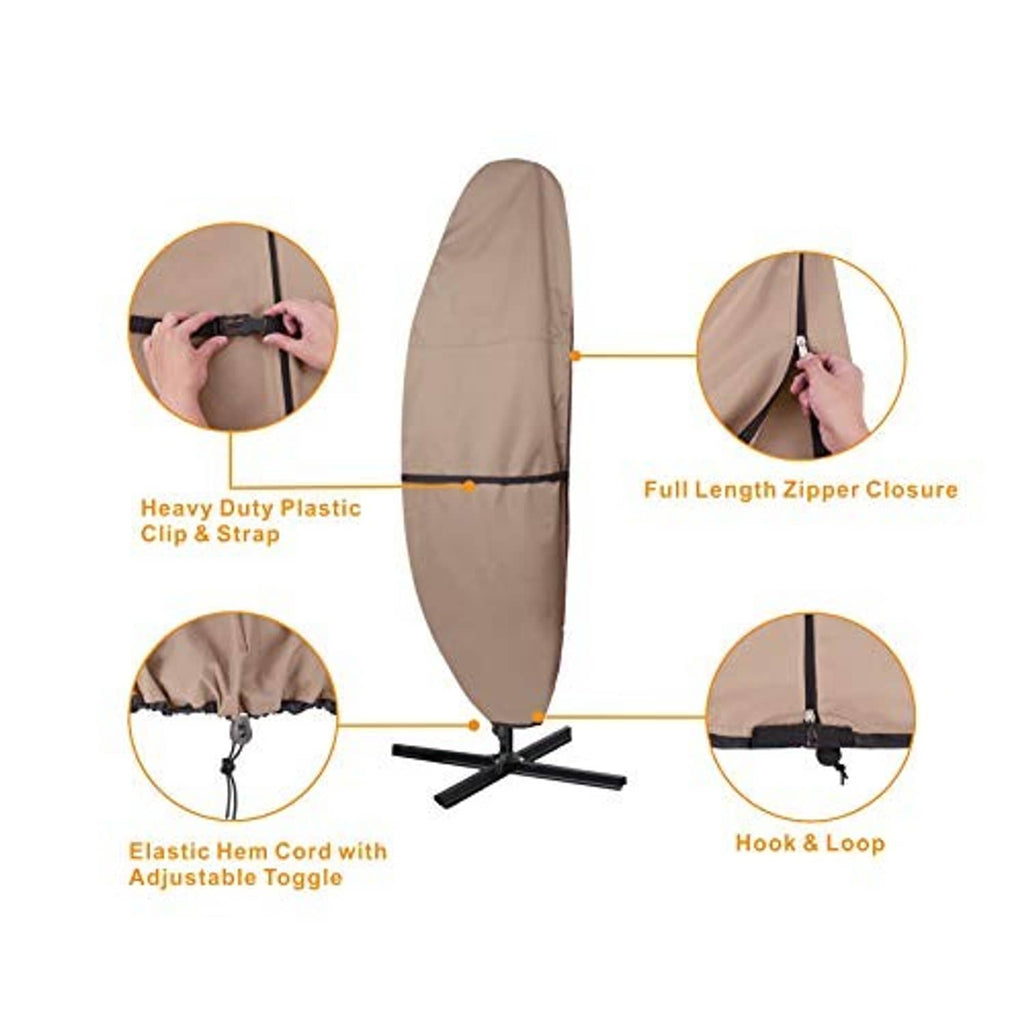 Tan umbrella cover with full-length zipper, hook-and-loop straps, and elastic hem cord