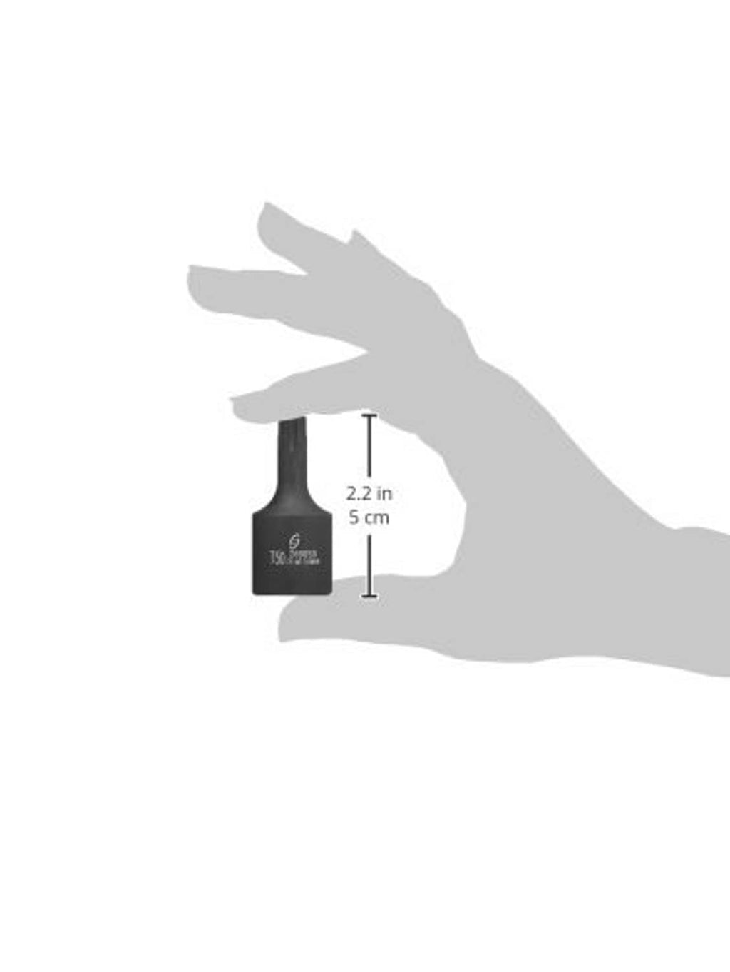 Black T50 internal star impact socket with size shown beside hand silhouette
