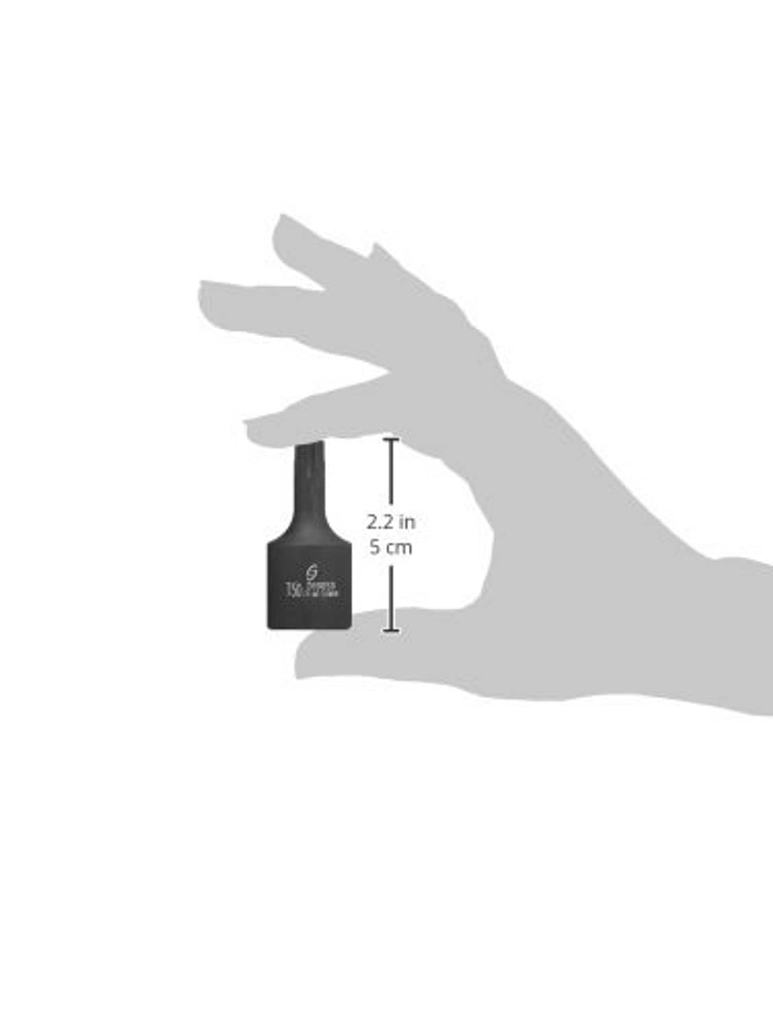 Black T50 internal star impact socket with size shown beside hand silhouette