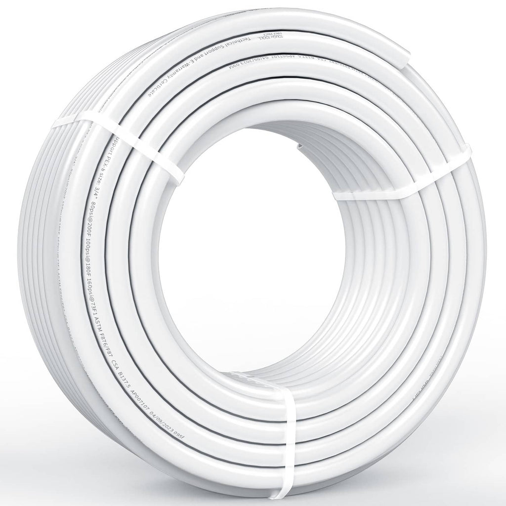 Close-up of white PEX-B tubing roll with bundled loops and support bands