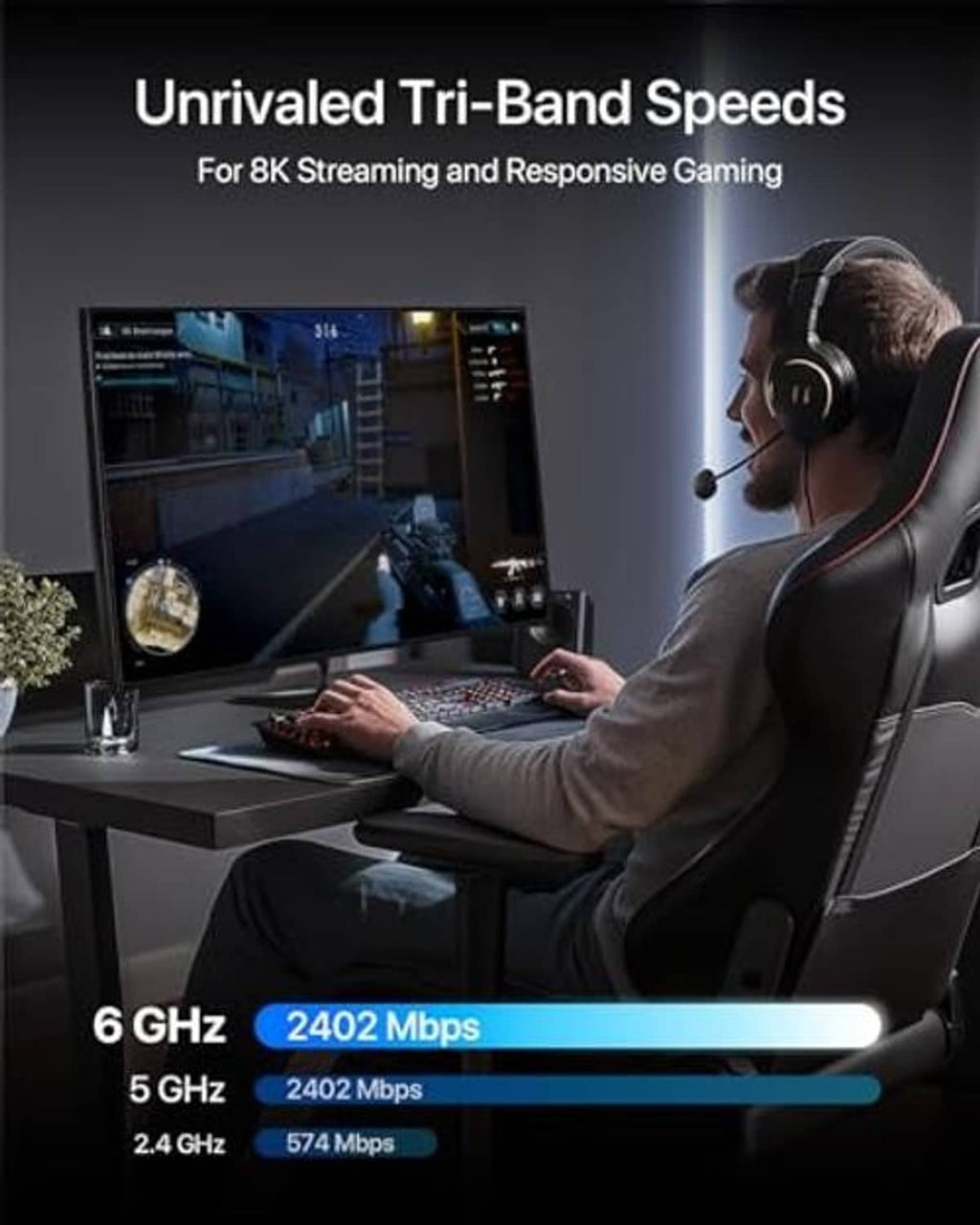 WiFi 6E USB adapter in a gaming desk setup, laptop in use and headset worn