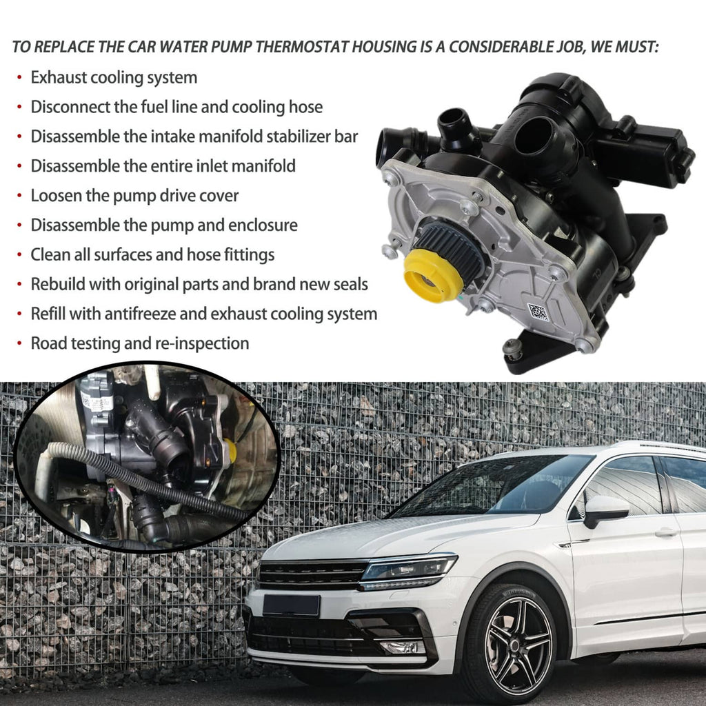Water pump thermostat housing assembly with yellow cap and attached black hose connections
