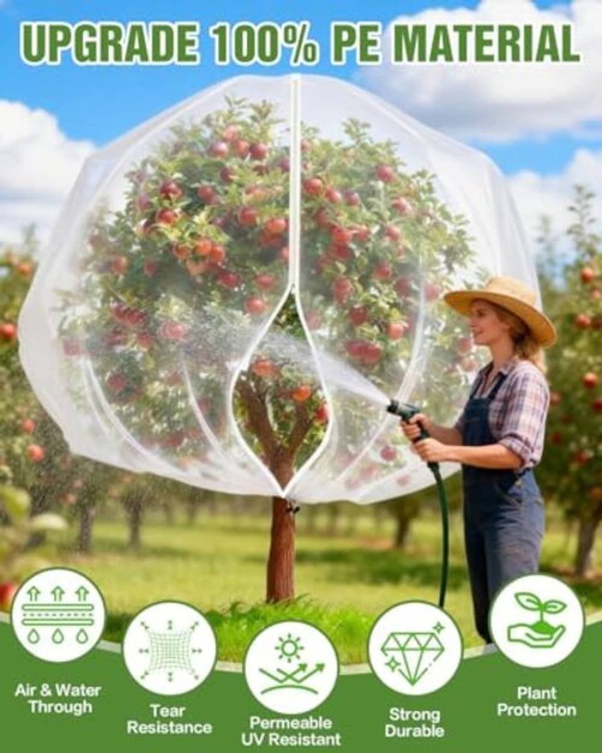 Transparent fruit tree netting dome with zipper door and drawstring, outdoor protective cover