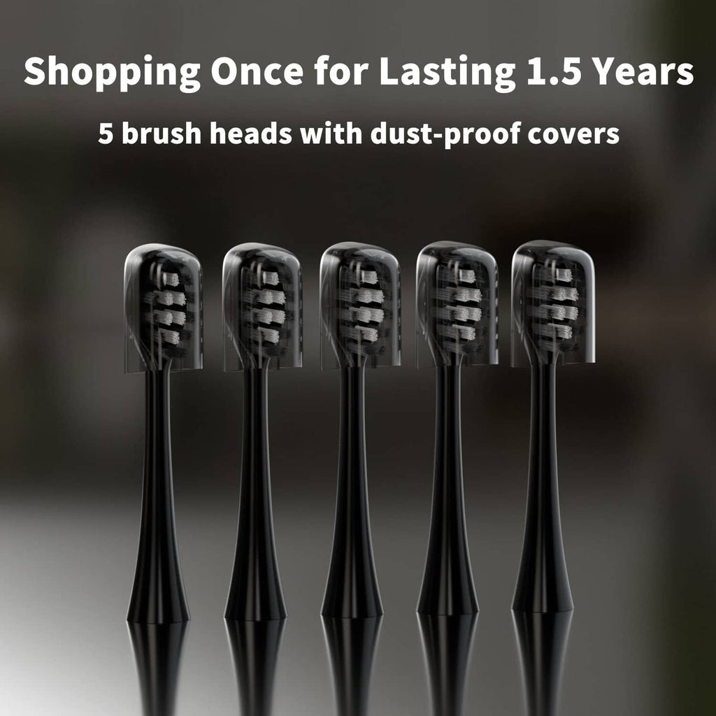 Five black replacement toothbrush heads standing with dust-proof cover tops