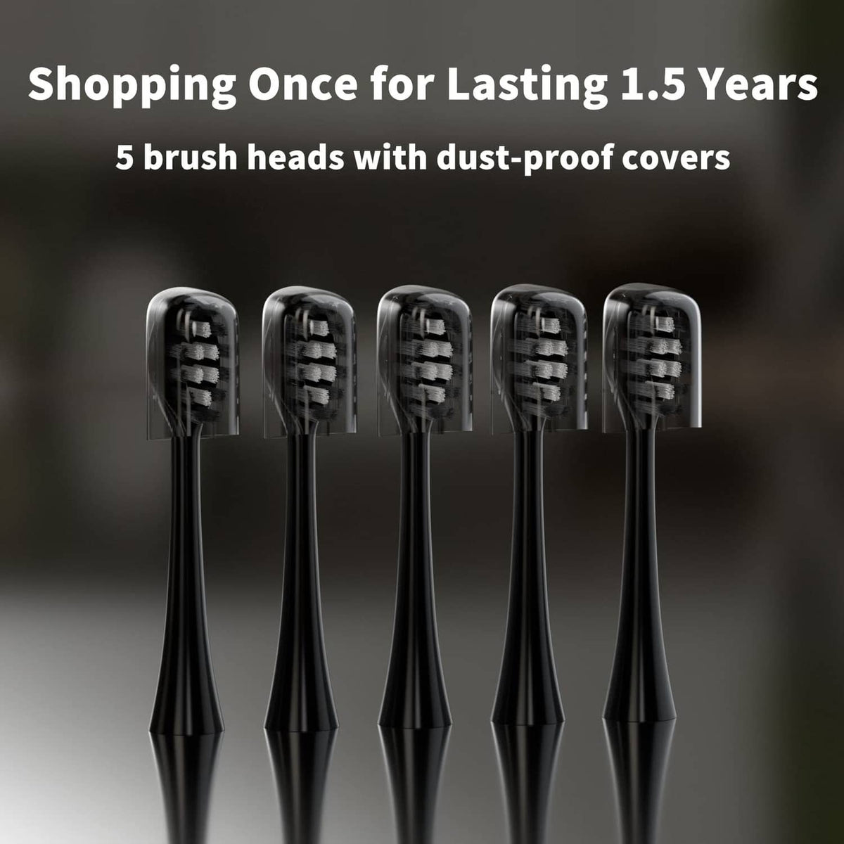 Five black replacement toothbrush heads standing with dust-proof cover tops