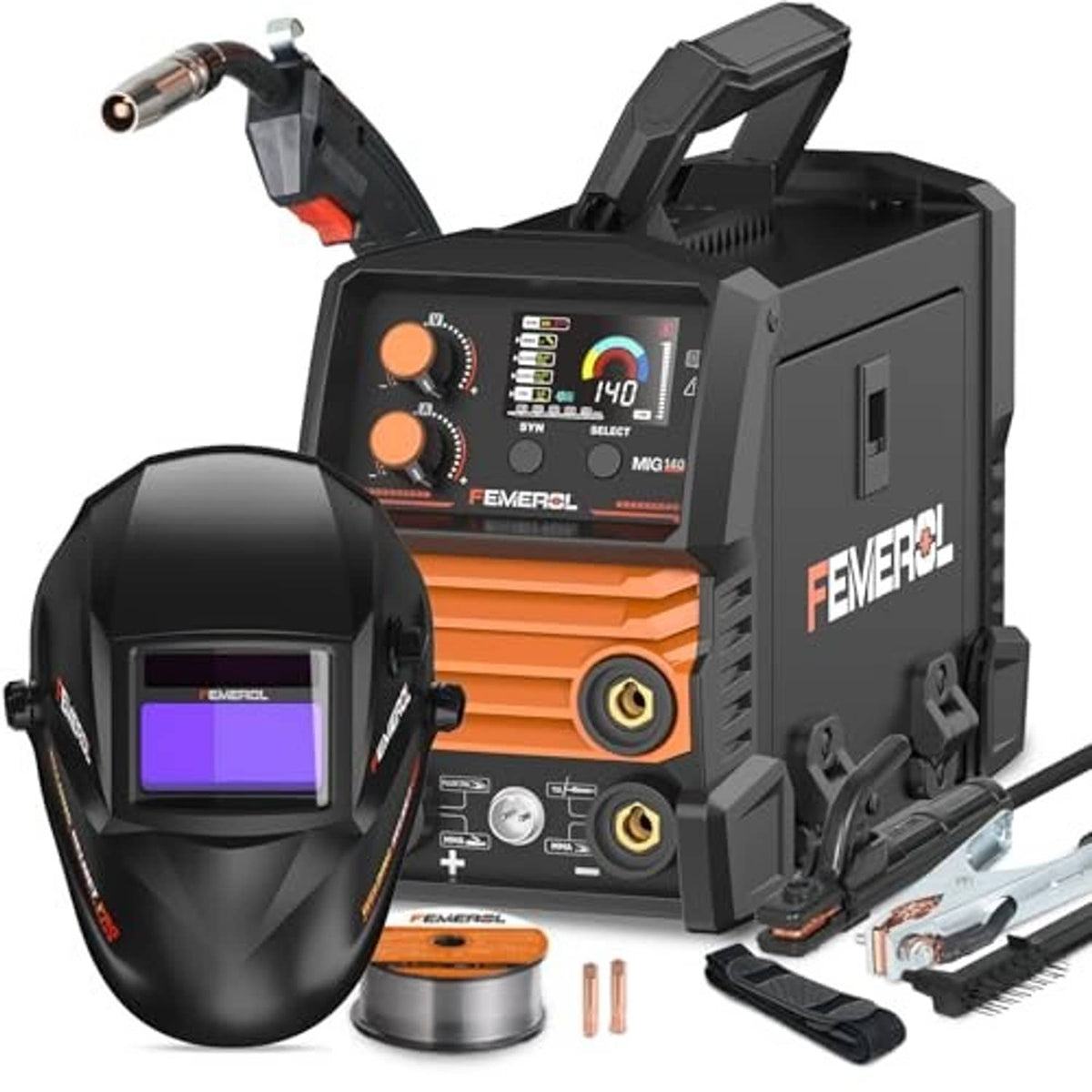 Compact welding machine with LCD controls, auto-darkening helmet and MIG torch accessories