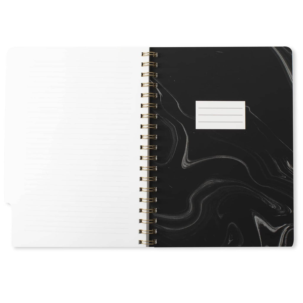 Large tab notebook open, black marble right cover with blank label tab