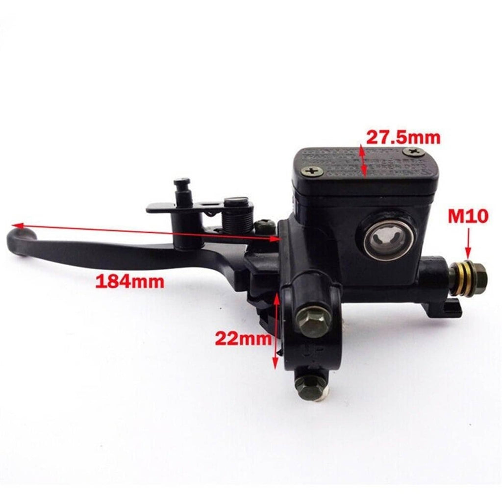 Right handlebar brake master cylinder lever with black reservoir and threaded outlet