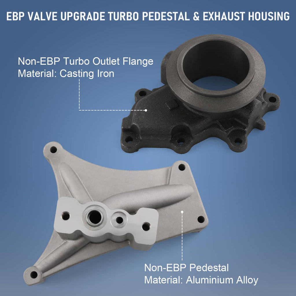Turbo pedestal and exhaust housing with inlet flange, aluminum alloy pedestal and cast-iron housing