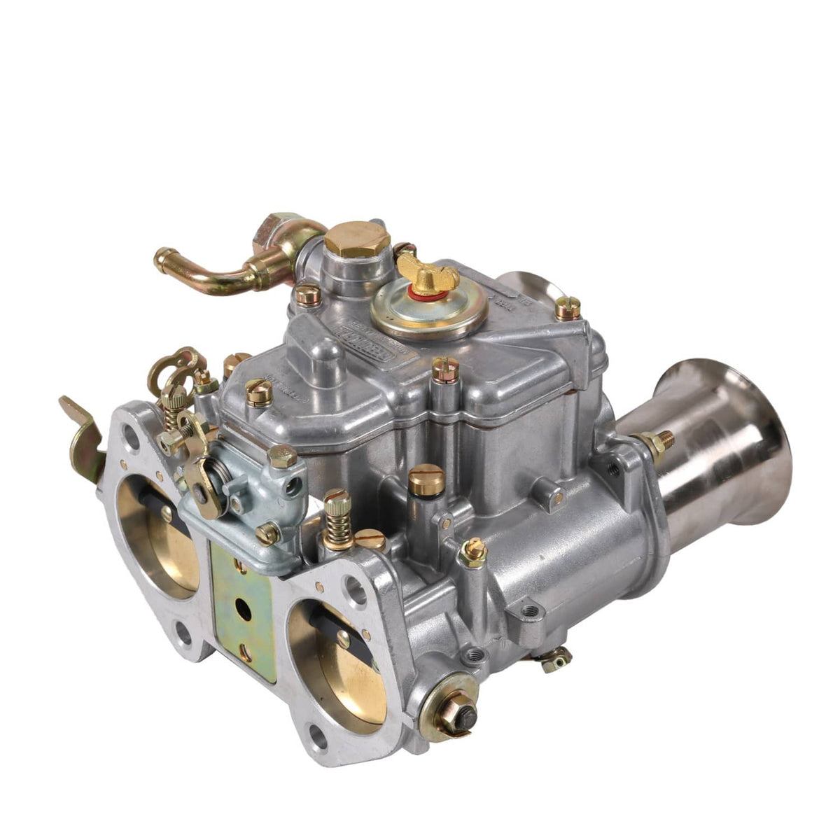 Twin-choke carburetor with brass caps, side fittings, and curved intake tube