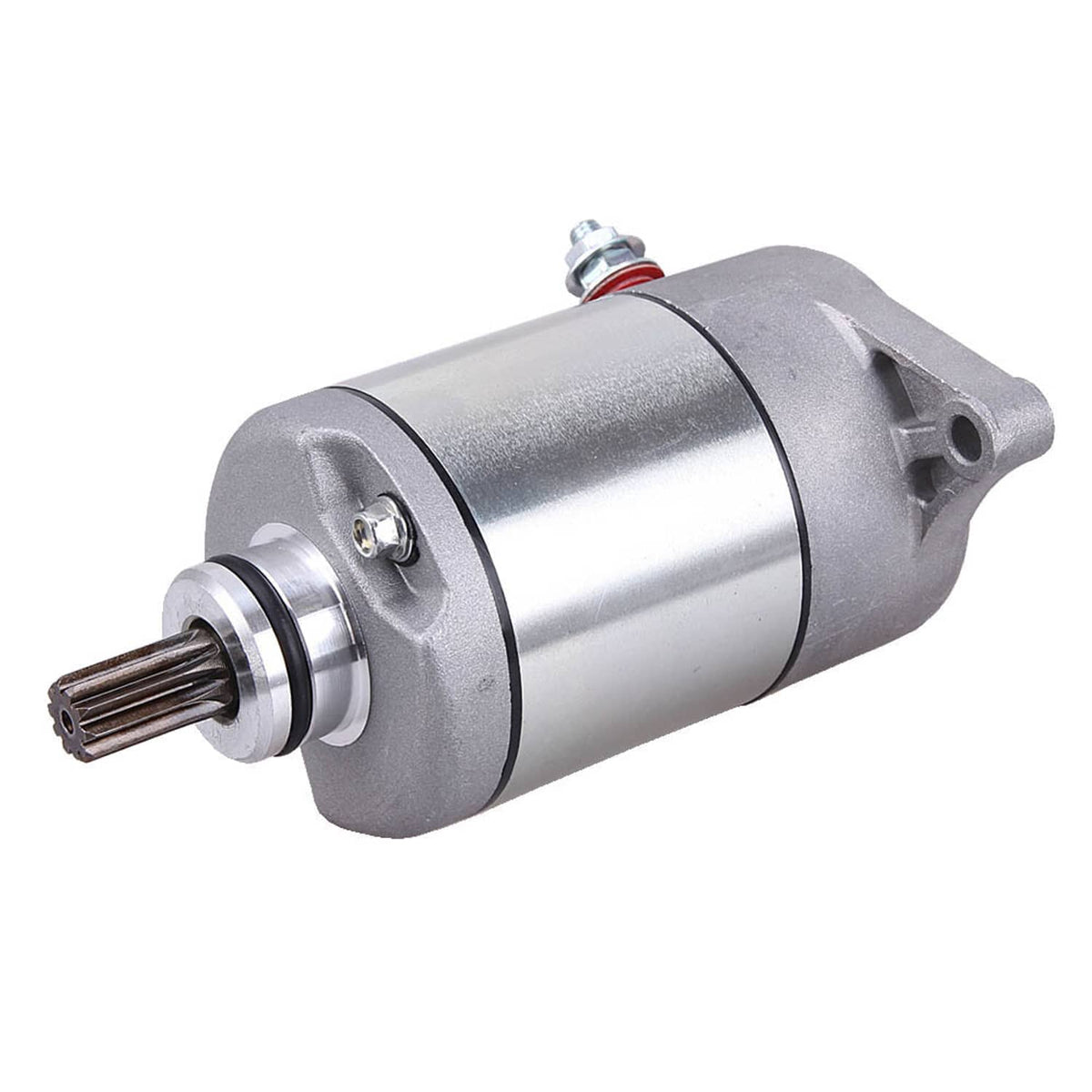 Starter motor assembly with silver housing and pinion drive shaft