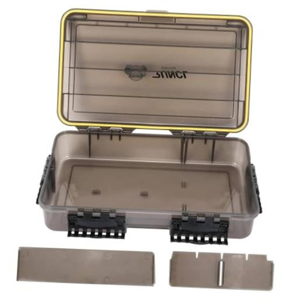 Deep gray waterproof fishing tackle box with yellow-trim clear lid, closed