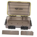 Deep gray waterproof fishing tackle box with yellow-trim clear lid, closed
