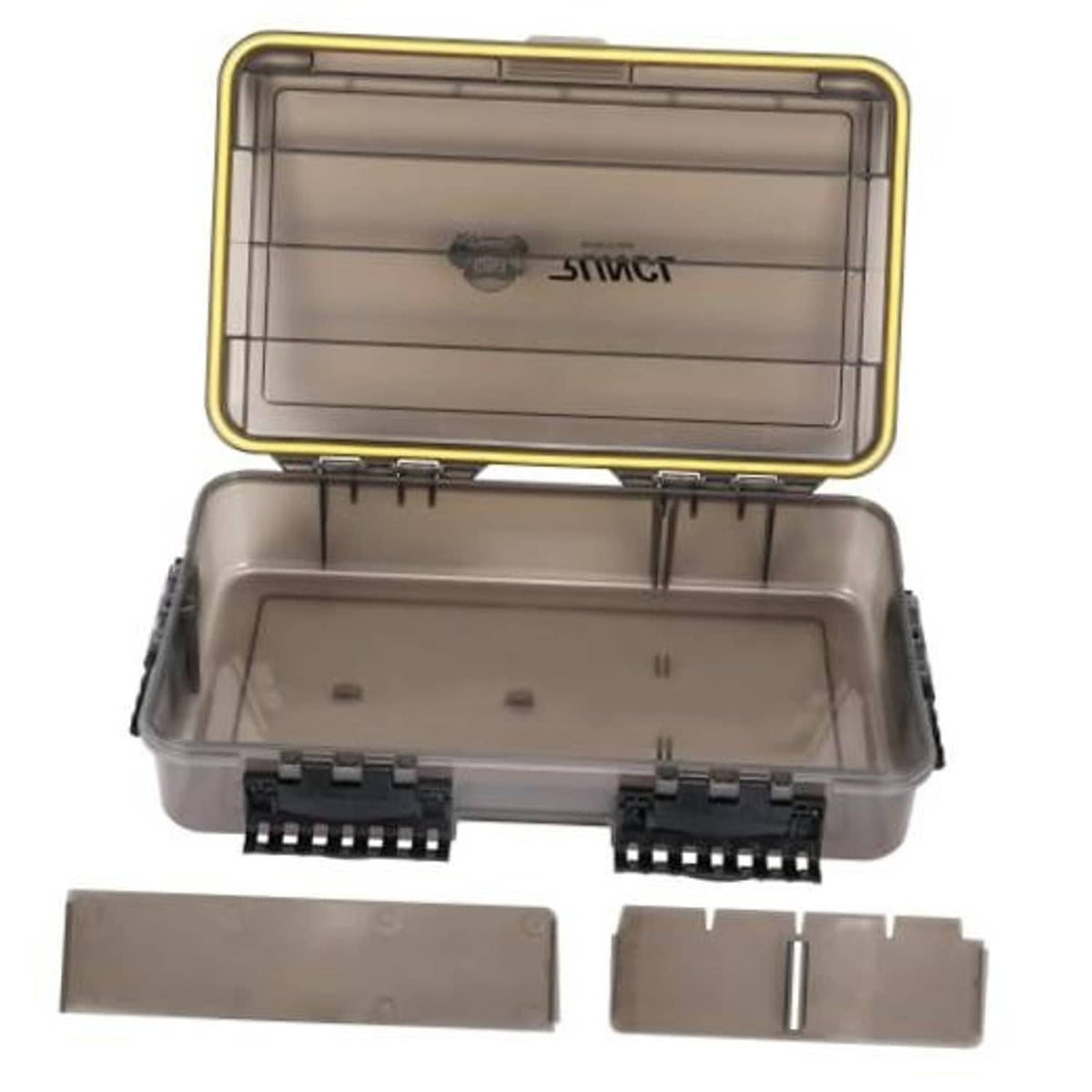 Deep gray waterproof fishing tackle box with yellow-trim clear lid, closed