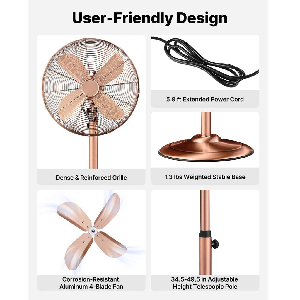 Rose gold pedestal fan with weighted stable base and extended power cord