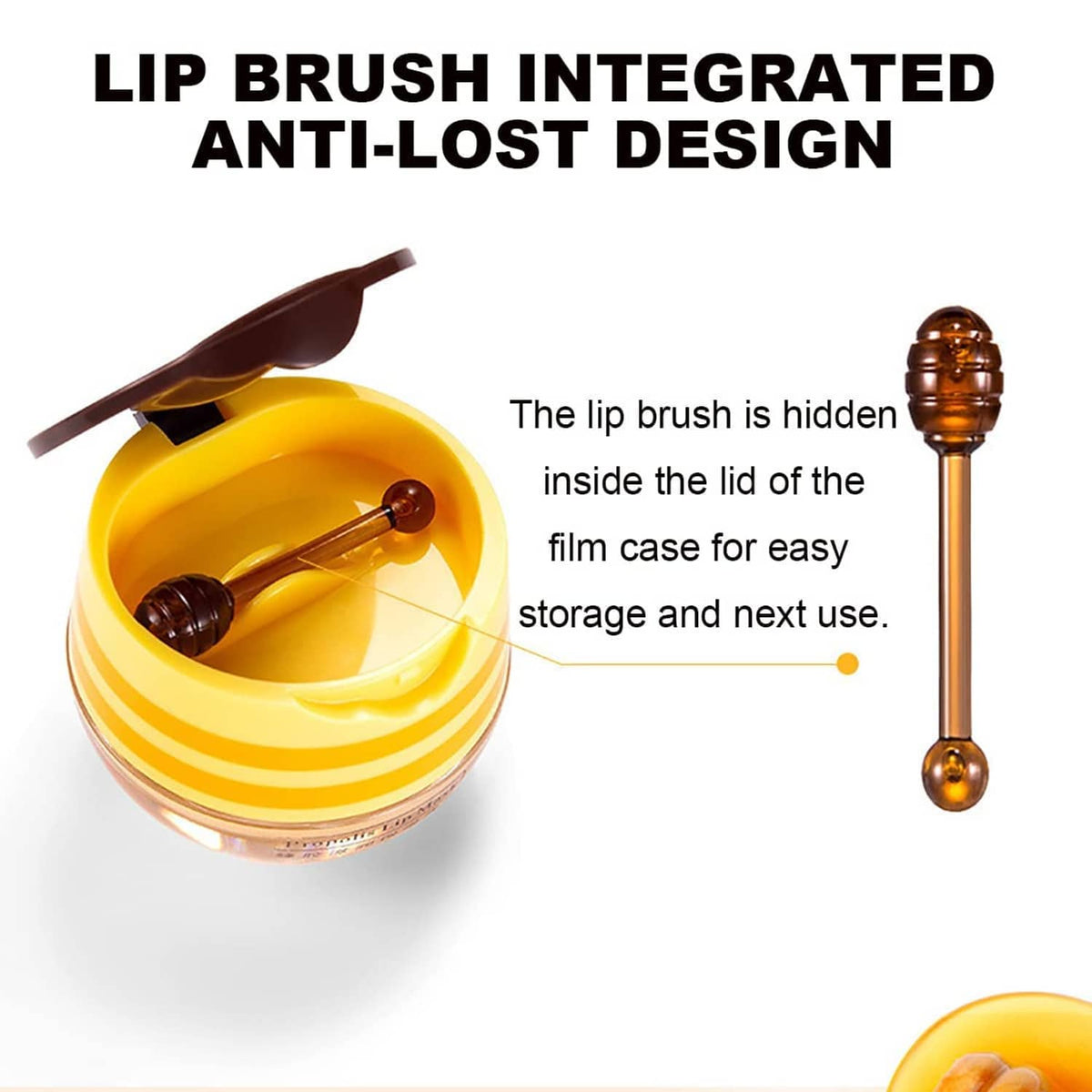 Lip mask balm with integrated lip brush inside the lid on a yellow striped jar