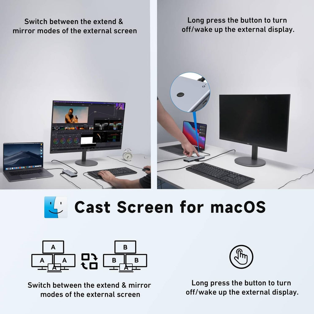 USB-C docking station with connected phones and monitors for macOS casting mode
