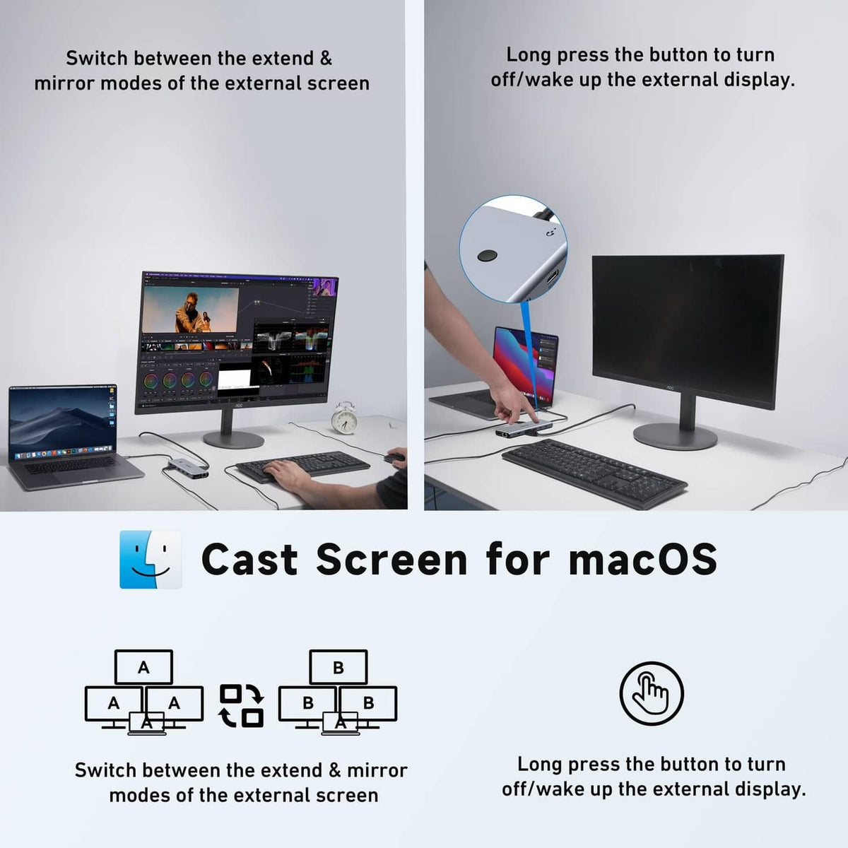 USB-C docking station with connected phones and monitors for macOS casting mode