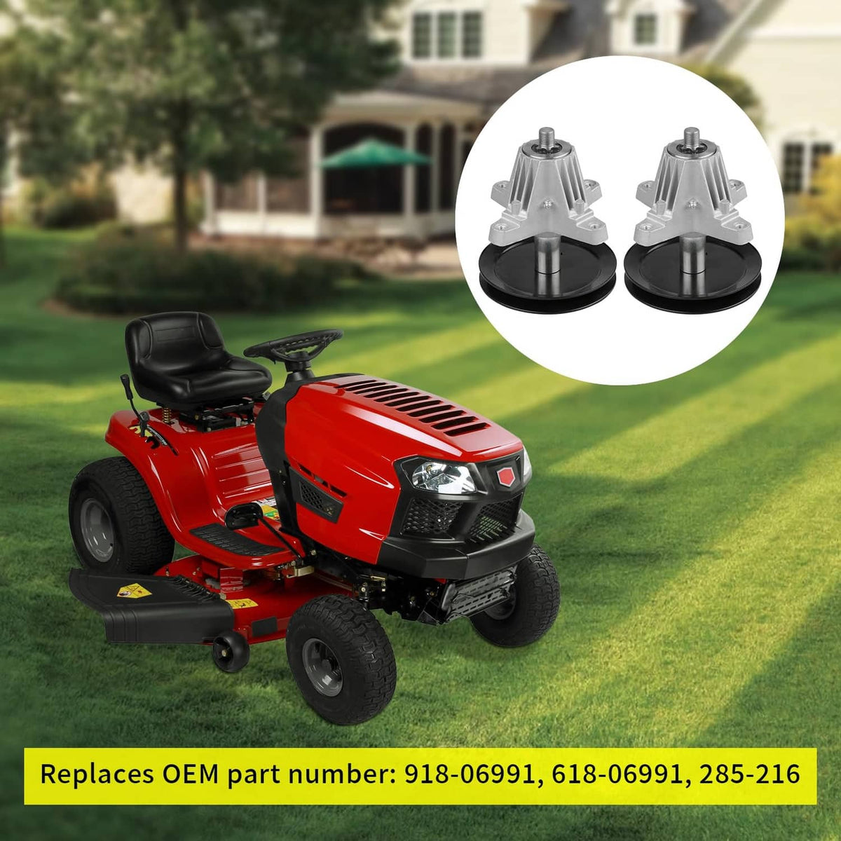 Two silver mower spindles with black bases, shown for a lawn tractor installation