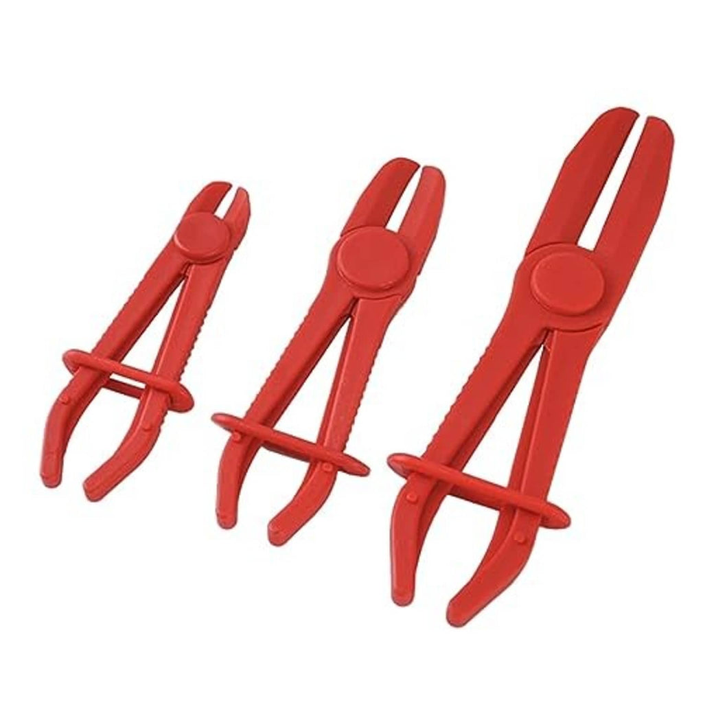 3 red plastic hose line clamp pinch-off pliers with loop handles and latch