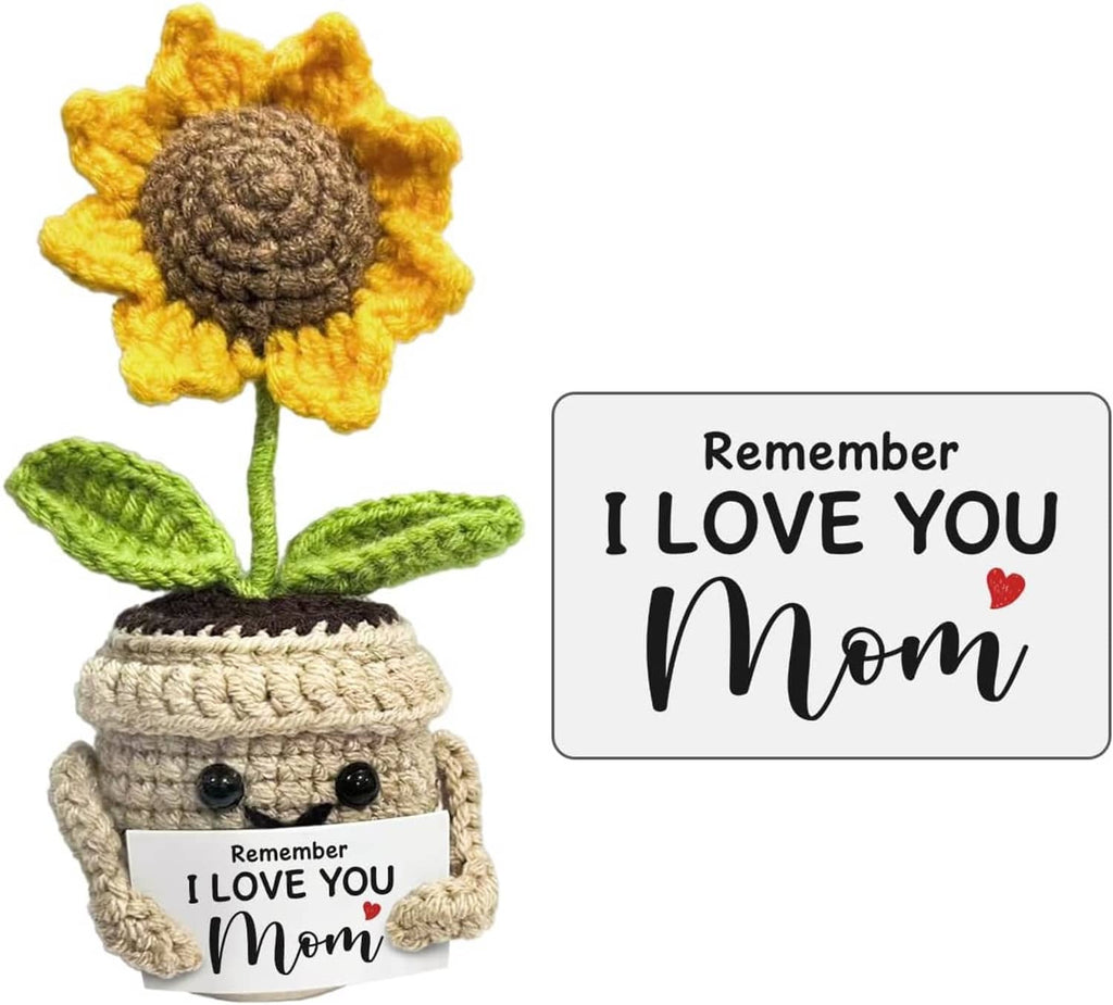 Handmade crochet flower gift with sunflower and pot; includes 'Remember I LOVE YOU Mom' card