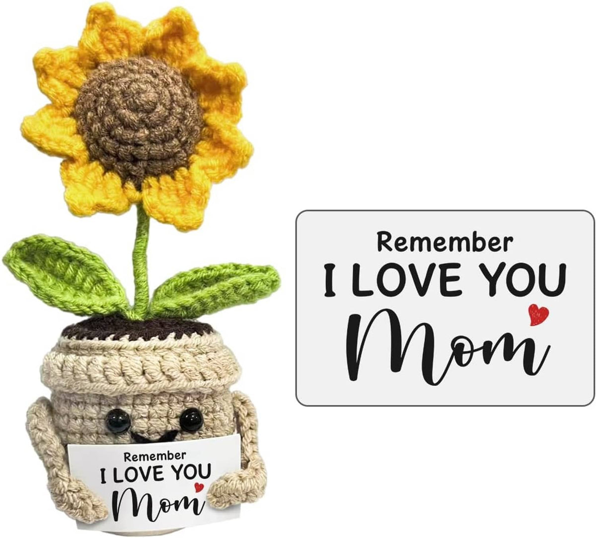 Handmade crochet flower gift with sunflower and pot; includes 'Remember I LOVE YOU Mom' card