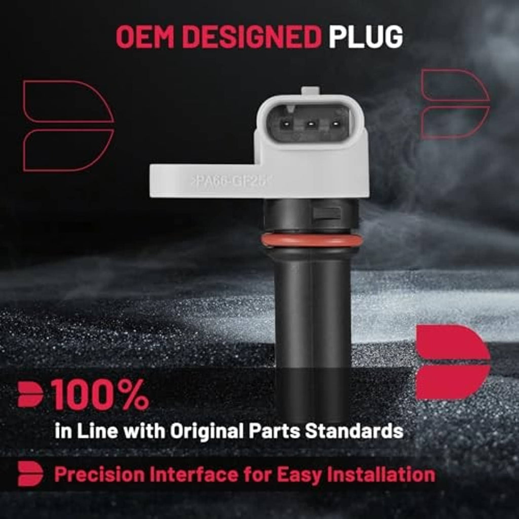 Camshaft position sensor with gray 4-pin plug, black body, and red seal