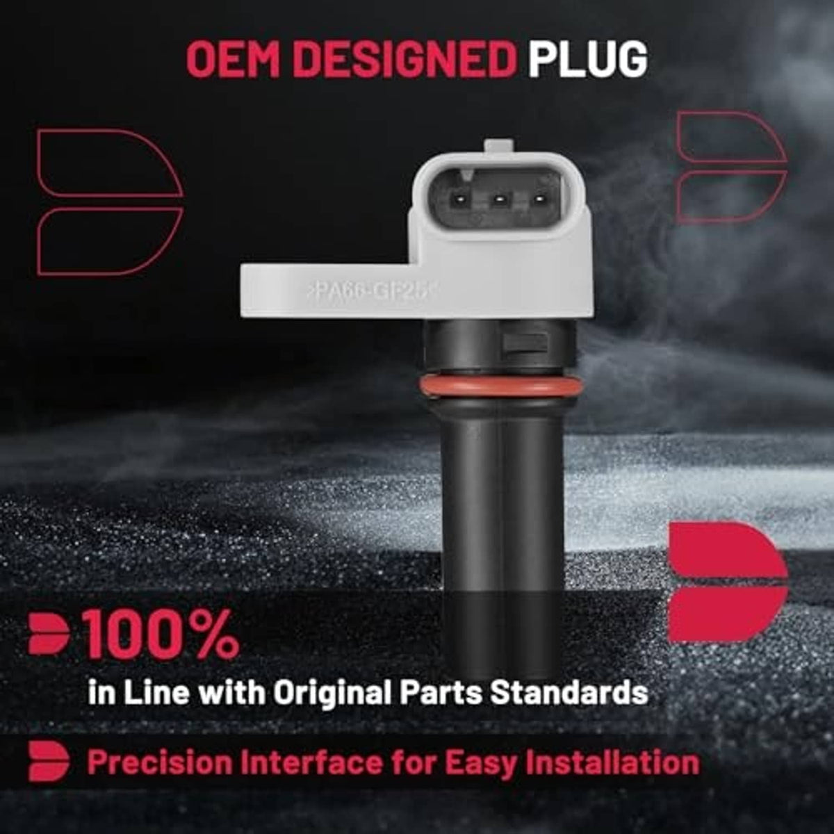 Camshaft position sensor with gray 4-pin plug, black body, and red seal