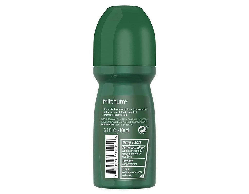 Back of green Mitchum men roll-on antiperspirant bottle with Drug Facts panel