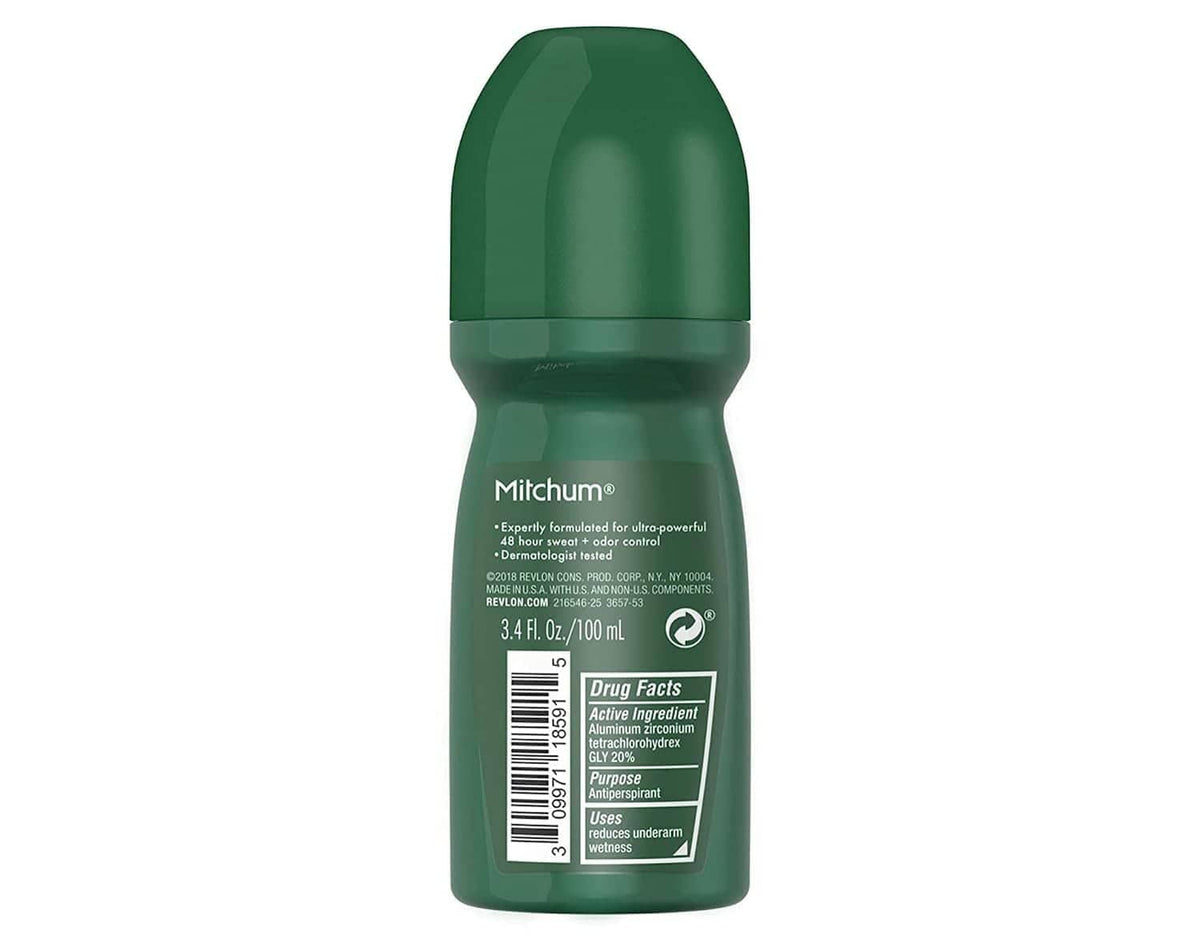 Back of green Mitchum men roll-on antiperspirant bottle with Drug Facts panel